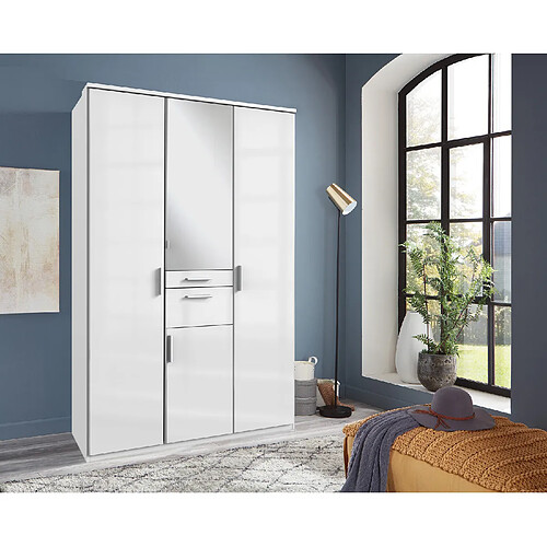 Pegane Armoire avec corniche + miroir coloris blanc laqué cassé, corps blanc - Longueur 135 x Hauteur 199 x Profondeur 58 cm 