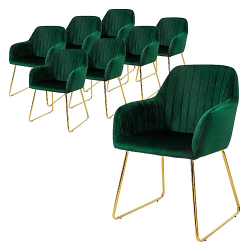 ML-Design Lot de 8 chaises de salle à manger vert assise en velours pieds dorés en métal