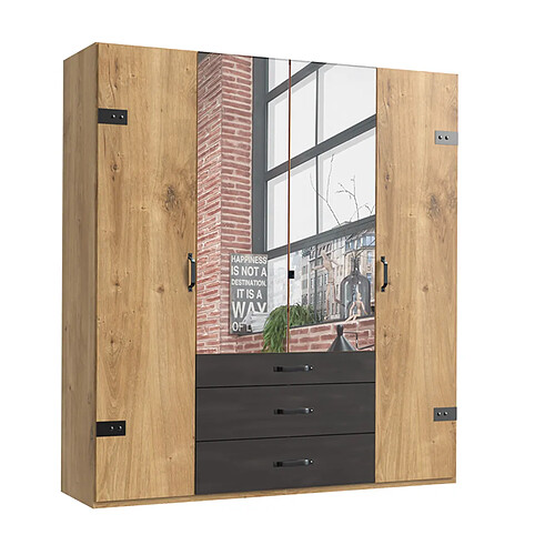 Pegane Armoire avec miroir 4 portes Imitation chêne poutre rechampis raw steel - L200 x H216 x P58 cm