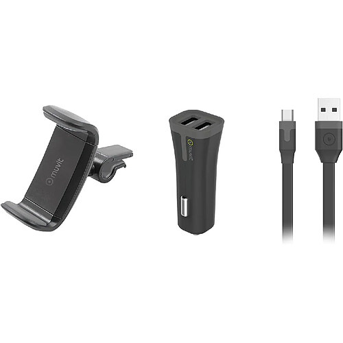 Muvit Support Voiture Grip 360° + Chargeur Allume-cigare + Câble Micro-USB 2.4A Noir