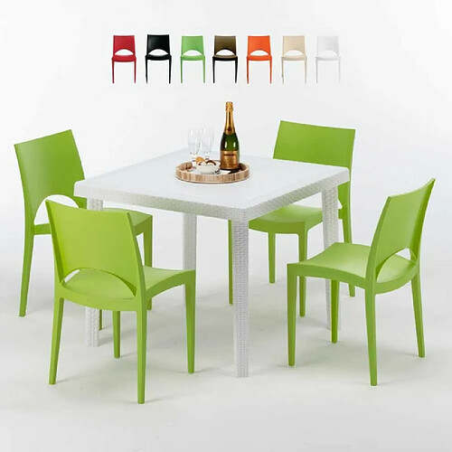 Table Carrée Blanche 90x90cm Avec 4 Chaises Colorées Grand Soleil Set Extérieur Bar Café Paris Love, Couleur: Vert