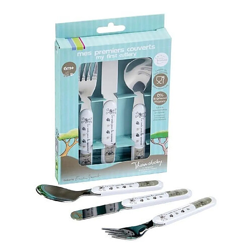 THERMOBABY Coffret Mes Premiers Couverts Set Fourchette Couteau Cuillere Inox Savane