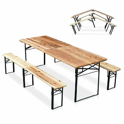 Wood Decor 10 Tables de brasserie pliantes et bancs en bois 220x80 cm