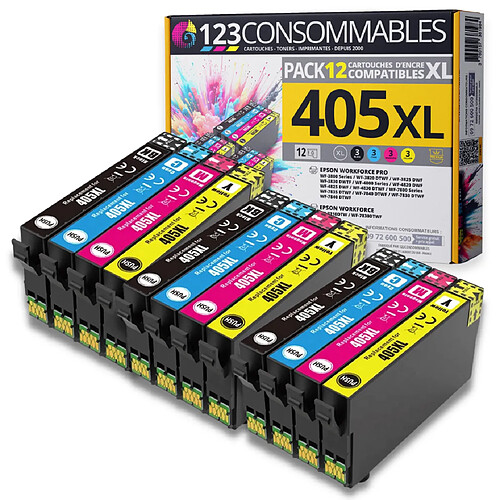 123CONSOMMABLES - 405XL - Cartouches d'encre compatible avec Epson 405XL Workforce Pro WF-3820DWF 3825DWF 4820DWF 4825DWF WF-7830DTWF WF-7835DTWF WF-7840DTWF (3 Noir / 3 Cyan / 3 Magenta / 3 Jaune)