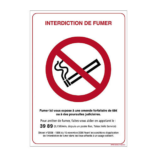 Signaletique Biz Panneau Interdiction de Fumer avec Décret. Panneau Cigarette Interdite. Sticker Interdiction de Fumer - 150 x 210 mm - Plastique PVC 1,5 mm - Plastique PVC 1,5 mm