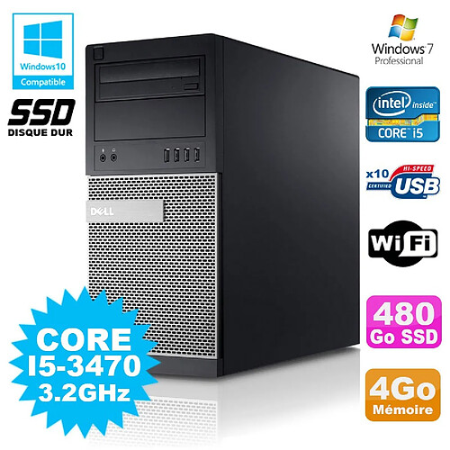 PC Tour Dell Optiplex 7010 Core I5-3470 3.2Ghz 4Go 480Go SSD DVD WIFI Win 7 · Occasion