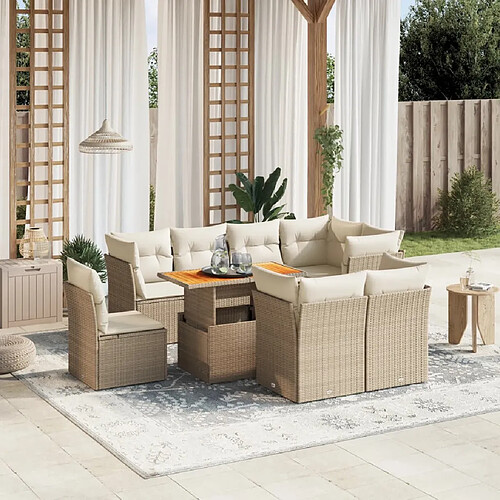 vidaXL Salon de jardin avec coussins 9 pcs beige résine tressée