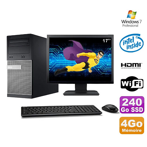 Lot PC Tour DELL 3010 MT G2020 Graveur 4Go 240Go SSD HDMI Wifi W7 + Ecran 17" · Occasion