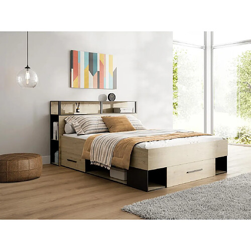 Vente-Unique Lit avec rangements 140 x 190 cm + Sommier - Coloris : Naturel et noir - NOALIA