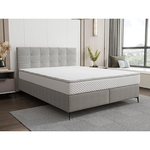 Vente-Unique Ensemble complet boxspring tête de lit capitonnée + sommier + matelas + surmatelas - 160 x 200 cm - Tissu - Gris clair - INAO de YSMÉE