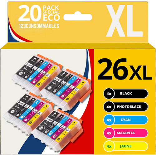 123CONSOMMABLES - 26XL - Cartouche d'encre compatible avec Epson pour Epson Expression Premium XP-510 XP-520 XP-600 XP-605 XP-610 XP-615 XP-620 XP-625 XP-700 XP-710 XP-720 XP-800 XP-810 (pack de 20)