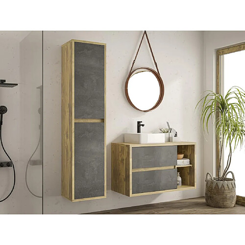 Vente-Unique Colonne de salle de bain suspendue - Coloris naturel et anthracite - H170 cm - TIKITIKI