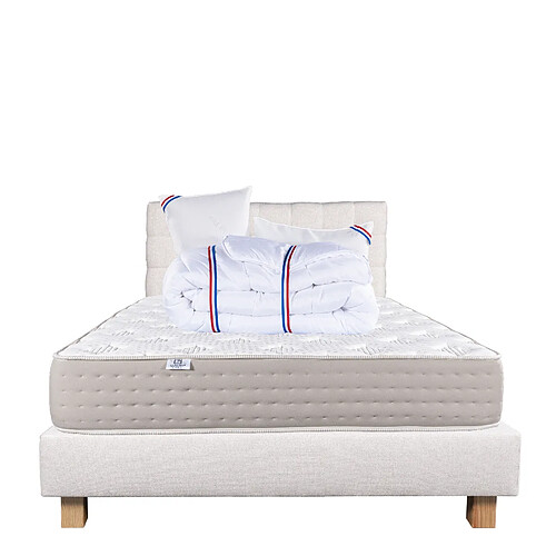 LUXURY LITERIE Ensemble matelas Dreamlux 140x190 cm + sommier beige ep20cm + 2 oreillers + couette + Tête de Lit