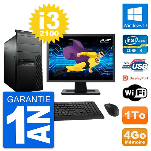 PC Tour Lenovo M91p Ecran 22" Intel i3-2100 RAM 4Go Disque 1To Windows 10 Wifi · Occasion