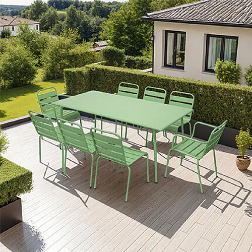 Mes Ensemble table 180 cm + 6 chaises + 2 fauteuils en métal vert - BACA