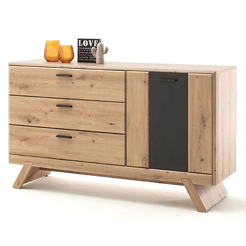 Pegane Buffet coloris chêne avec 1 porte et 3 tiroirs - Longueur 144 x Hauteur 84 x Profondeur 44 cm