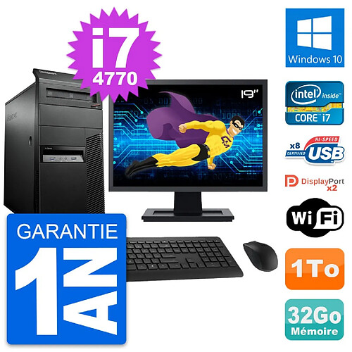 PC Tour Lenovo M93p Ecran 19" Intel i7-4770 RAM 32Go Disque 1To Windows 10 Wifi · Occasion