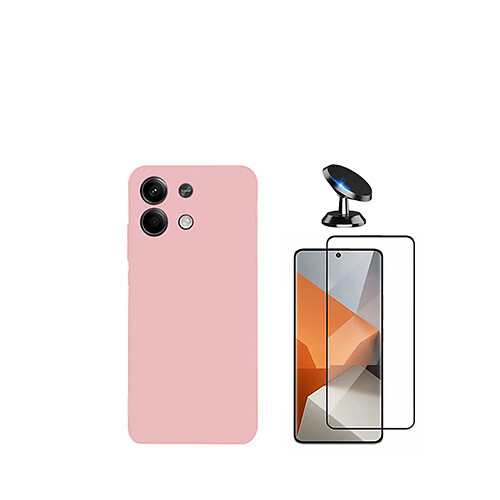 Kit de film en verre trempé de la couverture 5D + couvercle de silicone liquide + SuppOrt Magnétique Phonecare pour Xiaomi Redmi Note 13 Pro - rose