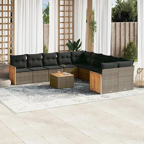 vidaXL Salon de jardin 11 pcs avec coussins gris résine tressée