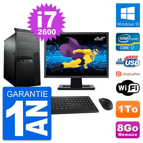 PC Tour Lenovo M91p Ecran 22" Core i7-2600 RAM 8Go Disque 1To Windows 10 Wifi · Occasion