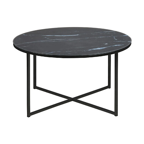 Toilinux Table basse ronde effet marbre en verre et métal - L.80 cm x H. 45 cm - Noir