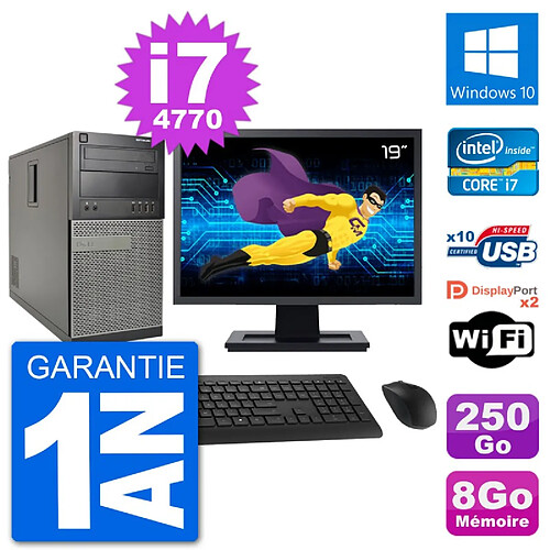 PC Tour Dell 7020 Ecran 19" Intel i7-4770 RAM 8Go Disque 250Go Windows 10 Wifi · Occasion