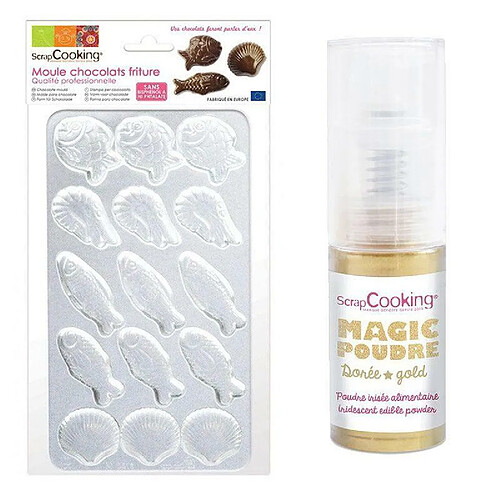 Scrapcooking Moule rigide pour fritures en chocolat + 1 poudre alimentaire irisée dorée