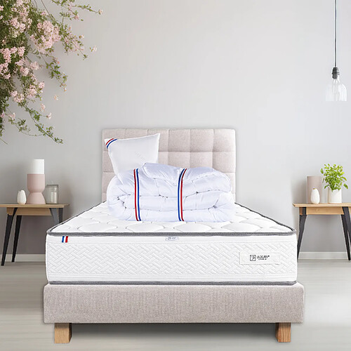 LUXURY LITERIE Ensemble matelas Iris 90x190 cm + sommier beige ep20cm + oreiller + couette + Tête de Lit