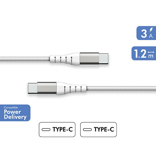 BIGBEN Câble Renforcé USB C/USB C 1,2m 3A Garanti à vie Blanc - 100% Plastique recyclé Force Power Lite