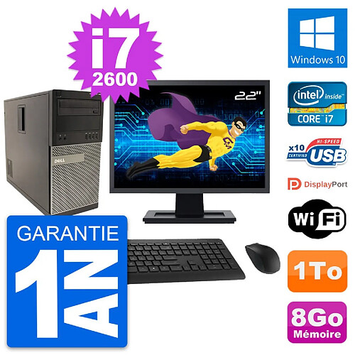 PC Tour Dell 790 MT Ecran 22" Intel i7-2600 RAM 8Go Disque 1To Windows 10 Wifi · Occasion