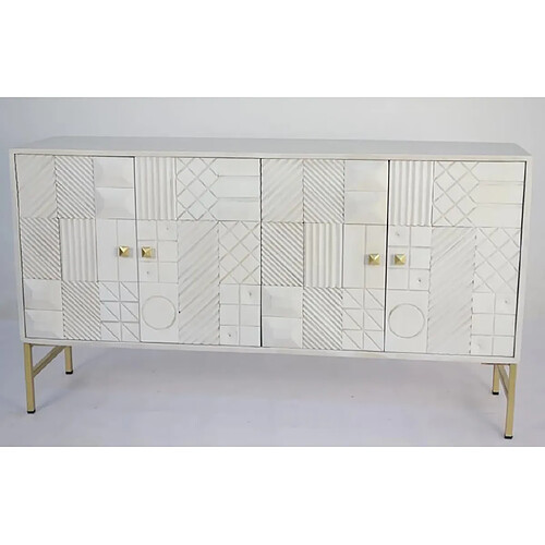 Pegane Buffet meuble de rangement en bois de manguier et laiton coloris blanc - Longueur 157 x Hauteur 84 x Profondeur 43cm