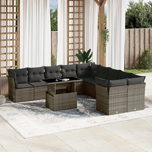 vidaXL Salon de jardin 11 pcs avec coussins gris résine tressée