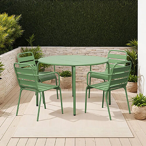 Mes Ensemble table de jardin 110 cm + 4 fauteuils en métal vert - BACA