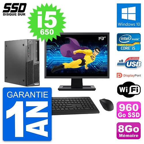 PC Lenovo M90 SFF Ecran 19" Intel Core i5-650 RAM 8Go SSD 960Go Windows 10 Wifi · Occasion