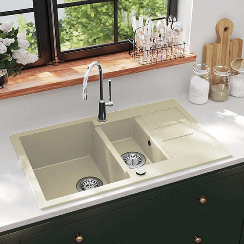 vidaXL Évier de cuisine Granit Double lavabo Beige