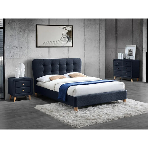 Vente-Unique Lit 140 x 190 cm avec tête de lit capitonnée - Tissu - Bleu - ELIDE