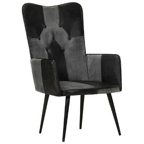 Maison Chic Fauteuil de Chambre à Coucher Salon,Chaises de Salle à Manger,Chaise à oreilles Noir et gris Cuir véritable -GKD93297