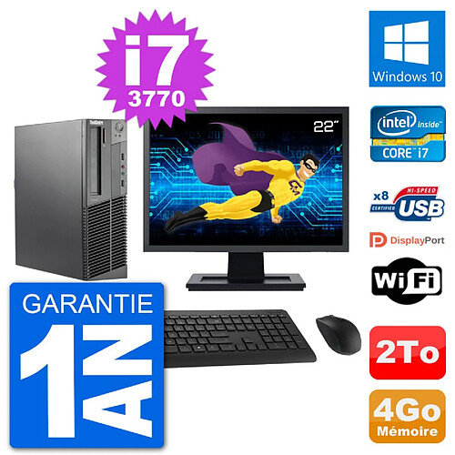 PC Lenovo M92p SFF Ecran 22" Intel i7-3770 RAM 4Go Disque 2To Windows 10 Wifi · Occasion