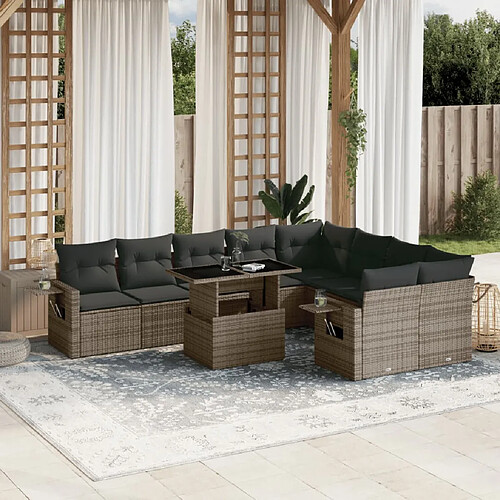 vidaXL Salon de jardin avec coussins 10 pcs gris résine tressée