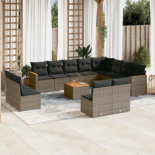 vidaXL Salon de jardin avec coussins 13 pcs gris résine tressée