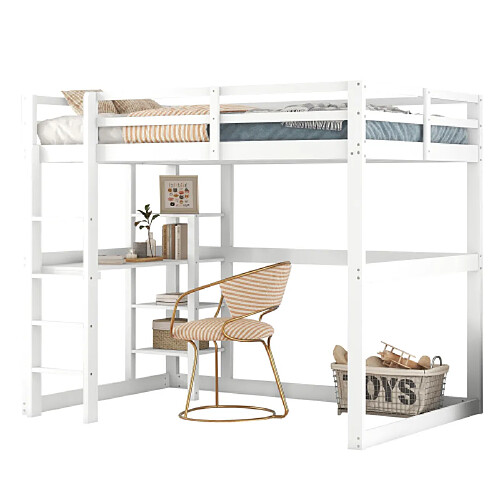 ComfortXL Lit Mezzanine Avec Espace De Rangement, Entièrement En Pin, Avec 4 Étagères Et Un Bureau, Blanc, 140