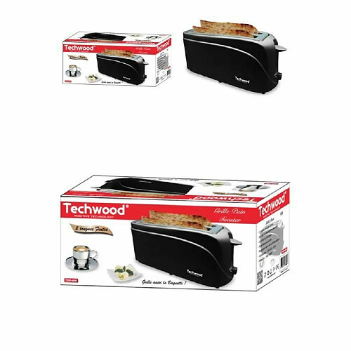 Techwood Grille-Pain pour Baguette Noir 1300W 2 longues et larges fentes Ejection automatique design