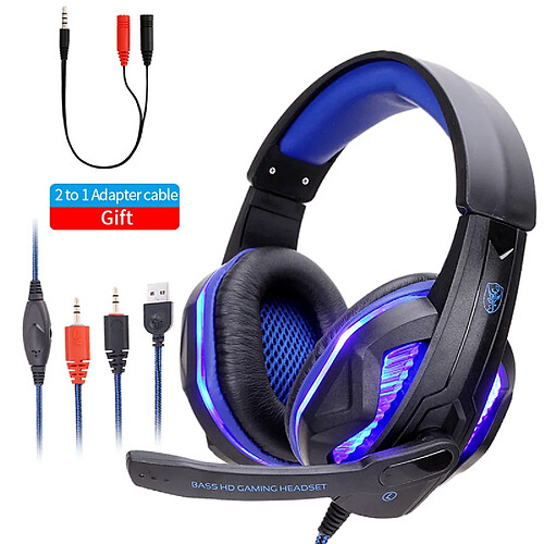 GUPBOO Casque de jeu PC Casque filaire Cool LED avec micro, casque de jeu PC, casque, casque de jeu stéréo