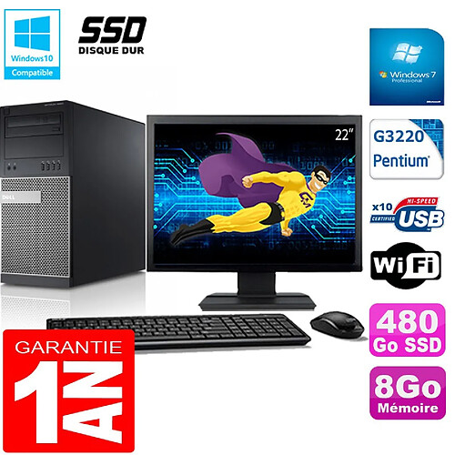 PC Tour DELL 9020 Intel G3220 Ram 8Go Disque 480 Go SSD Wifi W7 Ecran 22" · Occasion