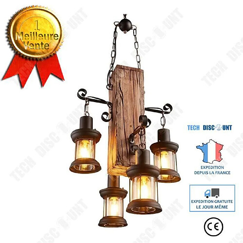 Tech Discount TD® Lustre industriel rétro lustre créatif salon bois art lustre hauteur réglable en bois massif éclairage salle à manger chambre lu