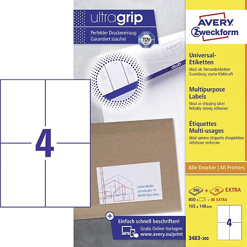 Avery 800 Etiquettes Autocollantes Multi-usages (4 par Feuille) - 105x148mm - Impression Laser - Jet d'Encre - Blanc (3483)