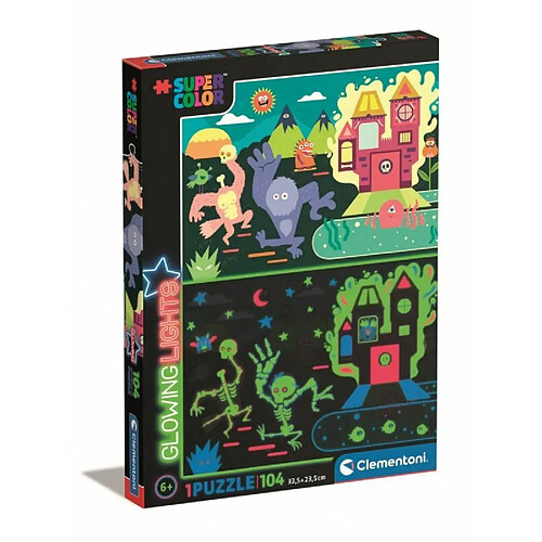 Clementoni- Glowing Lights Collection-Monsters-104 pièces, 6 Ans Enfant Dessin animé, Puzzle Fluorescent-fabriqué en Italie, 27558, Multicolore