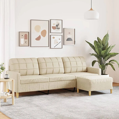 vidaXL Canapé à 3 places avec repose-pieds Crème 210 cm Tissu