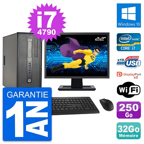 PC Tour HP 600 G1 Ecran 22" Intel i7-4790 RAM 32Go Disque 250Go Windows 10 Wifi · Occasion