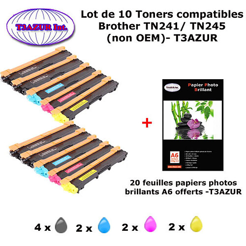 T3AZUR- PACK 10 Toners pour Brother TN 241 BK , TN 245 C,Y,M Brother DCP-9020CDW HL-3140CW MFC-9330CDW MFC-9340CDW + PPA6